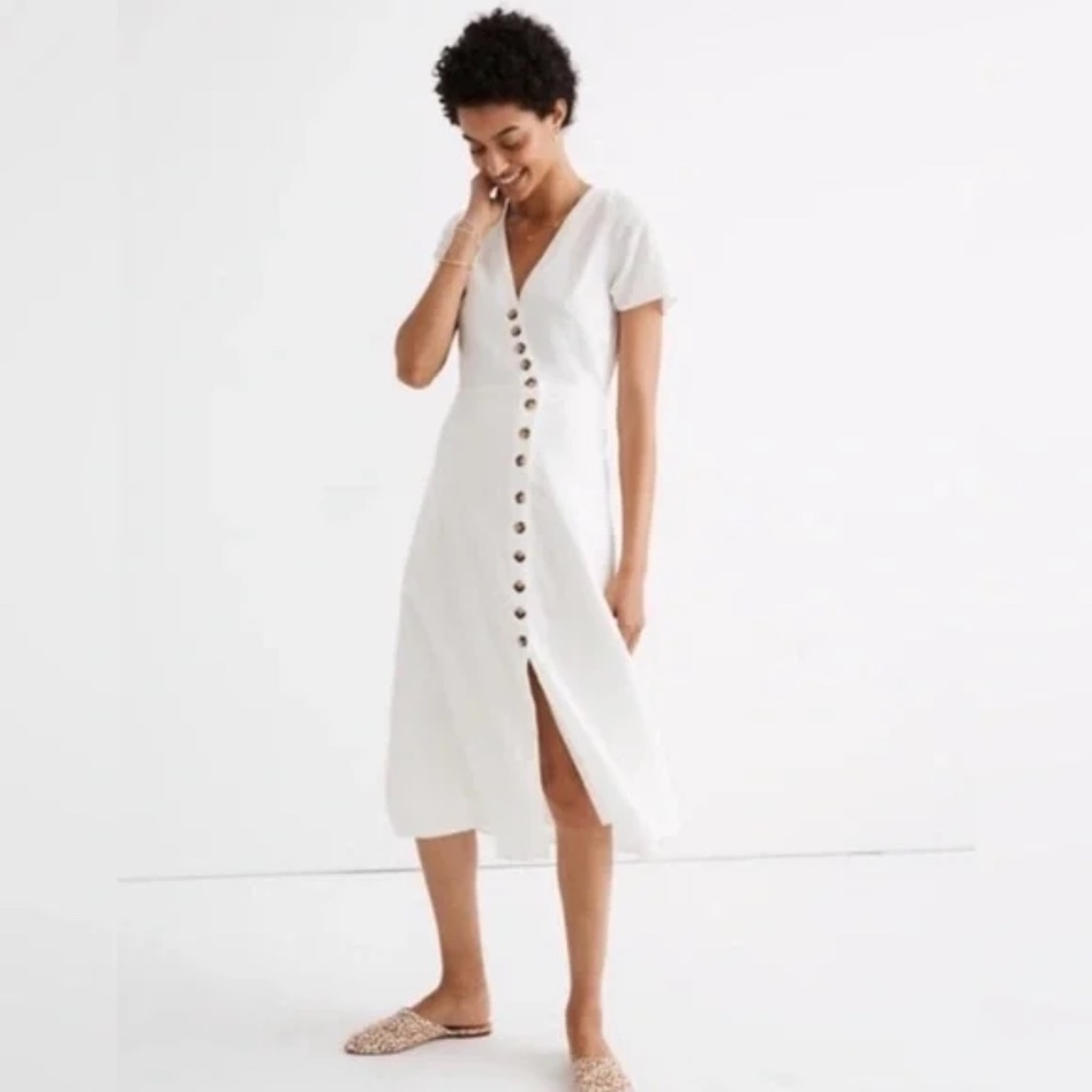MADEWELL Linen-Blend Button-Wrap Midi Dress Off white Size 00 XS